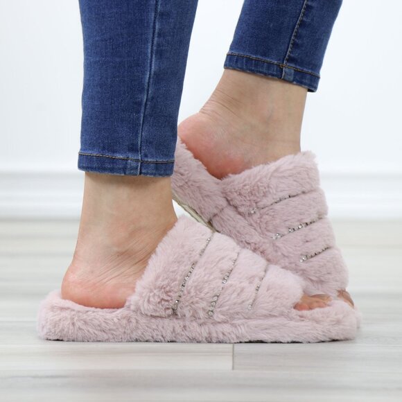Pink Puff Fuzzy Furry Fluffy Slip On Plush Slippers Diamond Accents - Picture 5 of 16